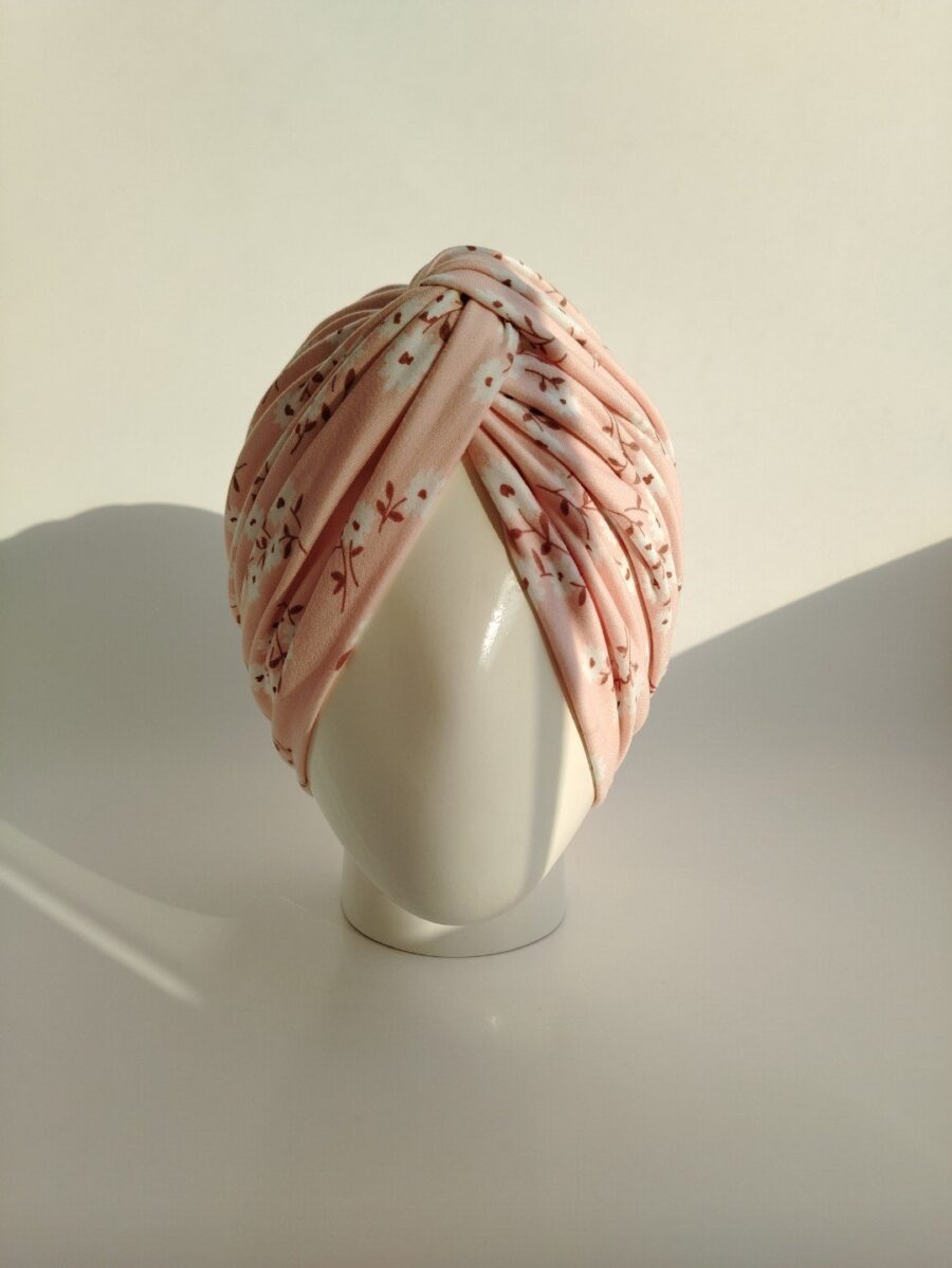 Gorro Turbante Cruzado - mini flores Rosa.