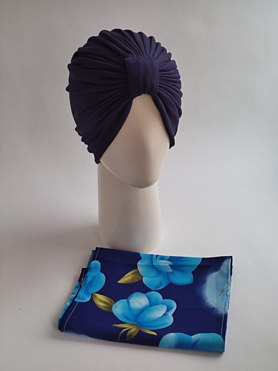Gorro con pañoleta - Azul Marino. Pañoleta floral azul. - Imagen 2
