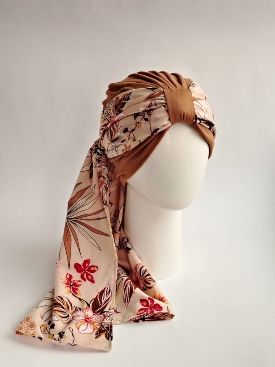 Gorro Turbante con pañoleta - Camel floral.