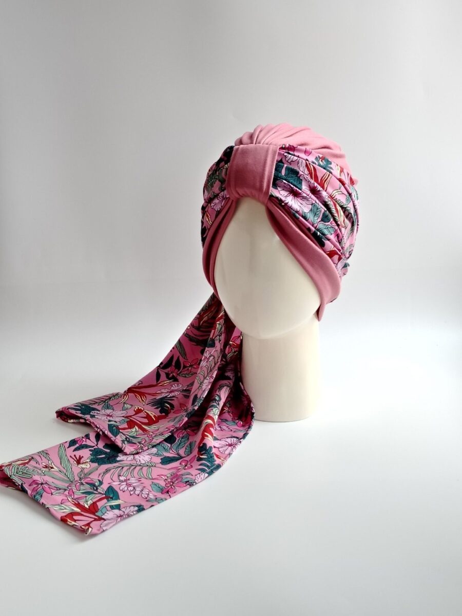 Gorro Turbante con pañoleta - Palo Rosa con pañoleta floral rosado.