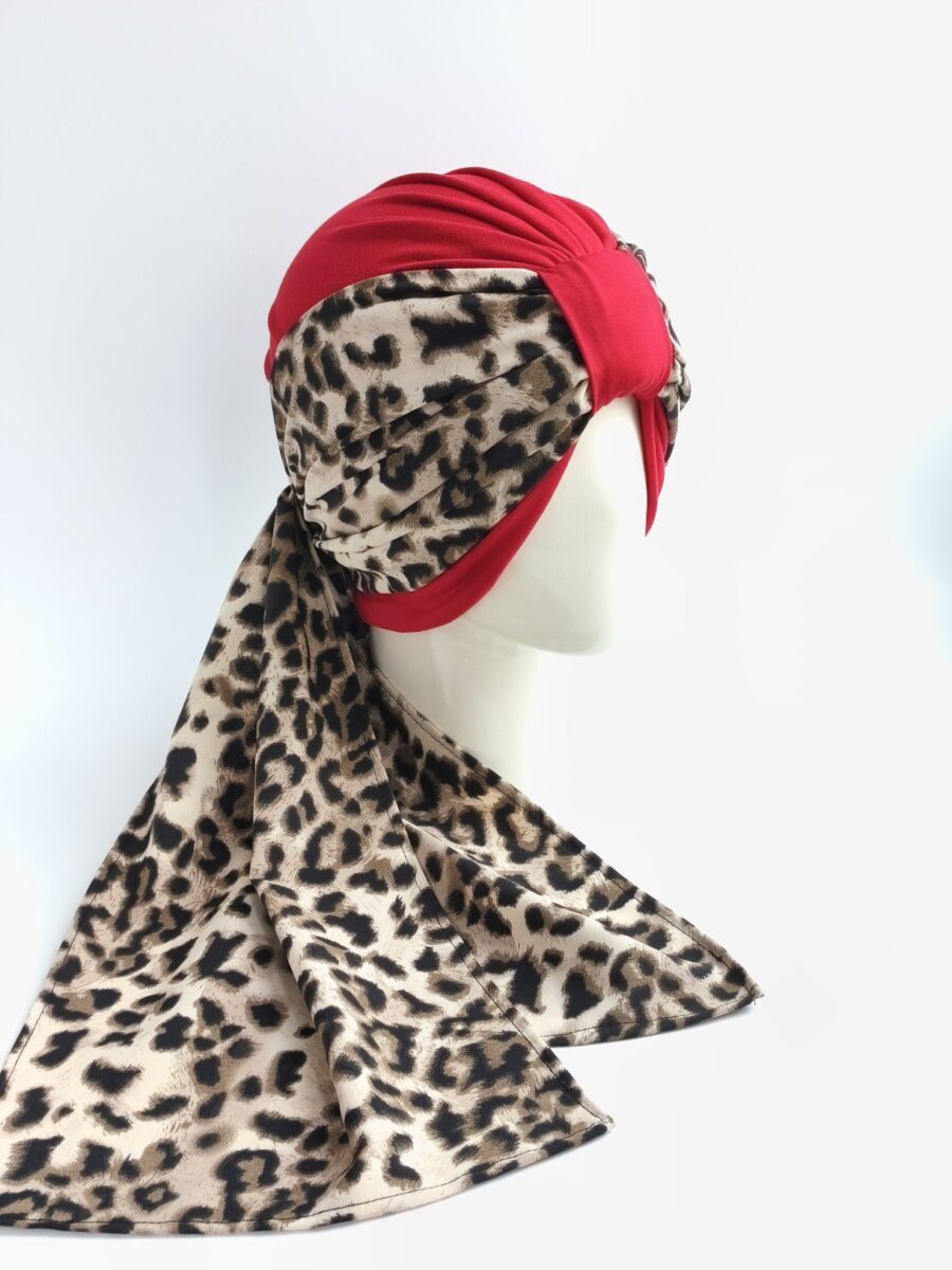 Gorro Turbante con pañoleta -Rojo con pañoleta Animal print.