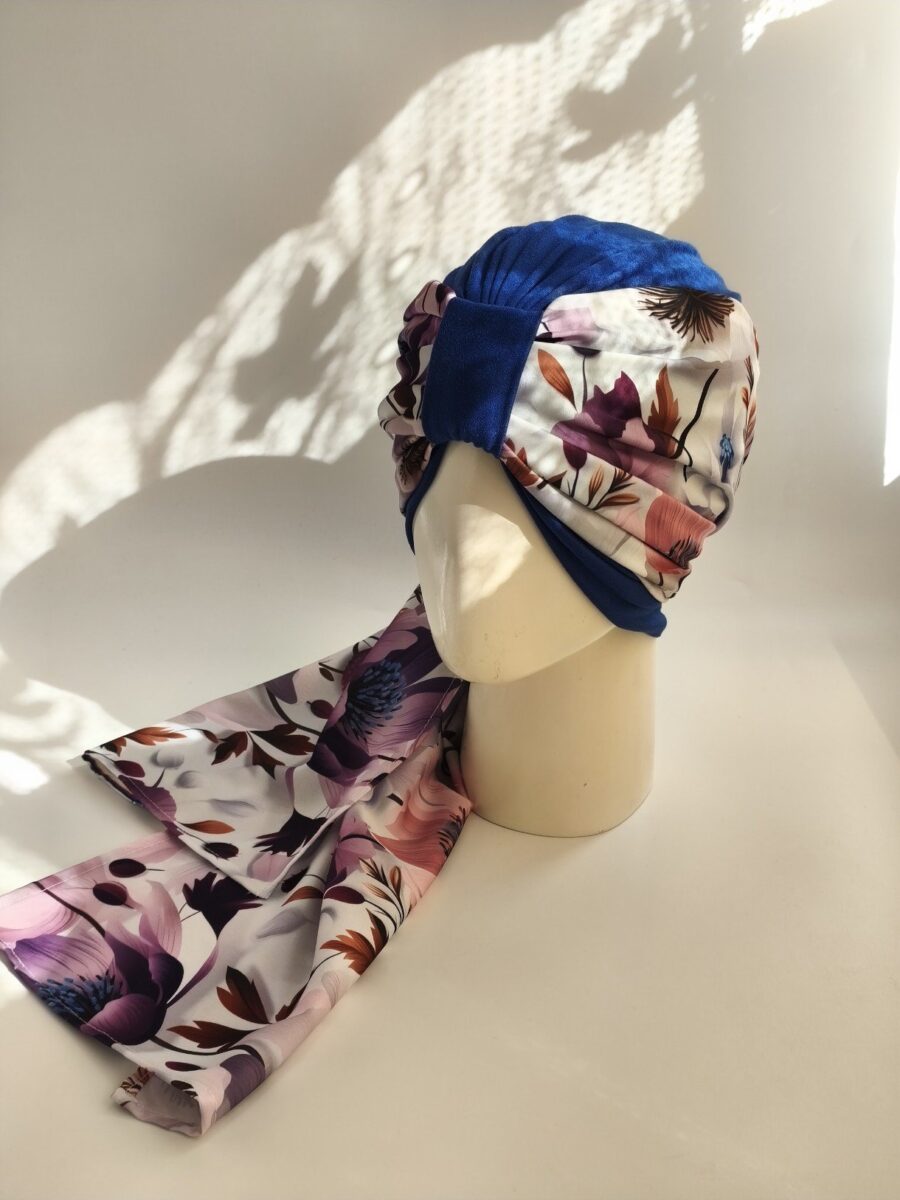 Gorro Turbante con pañoleta - Azulino con pañoleta floral multicolor.