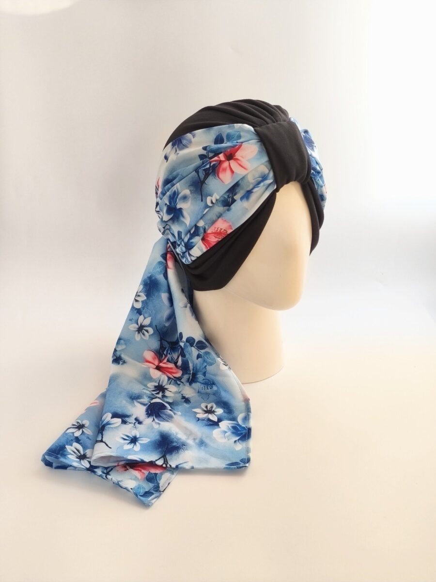 Gorro Turbante con pañoleta Negro - Pañoleta Azul floral con fucsia