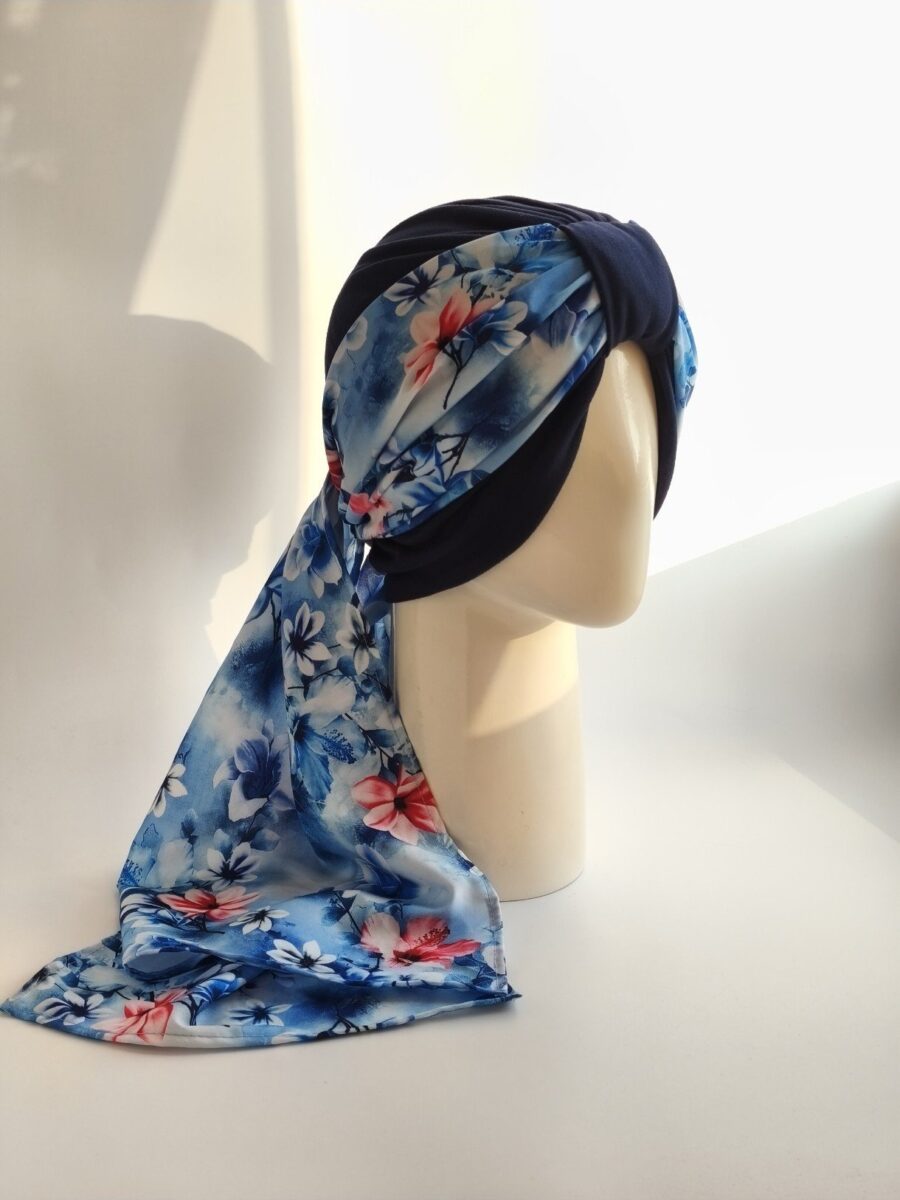 Gorro turbante con pañoleta - Azul Marino con pañoleta Azul floral .