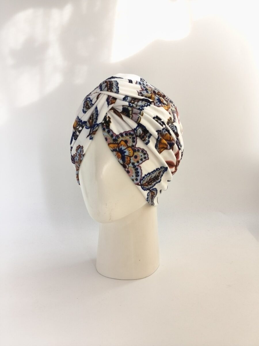 Gorro turbante cruzado - Floral imperial detalles azulino .