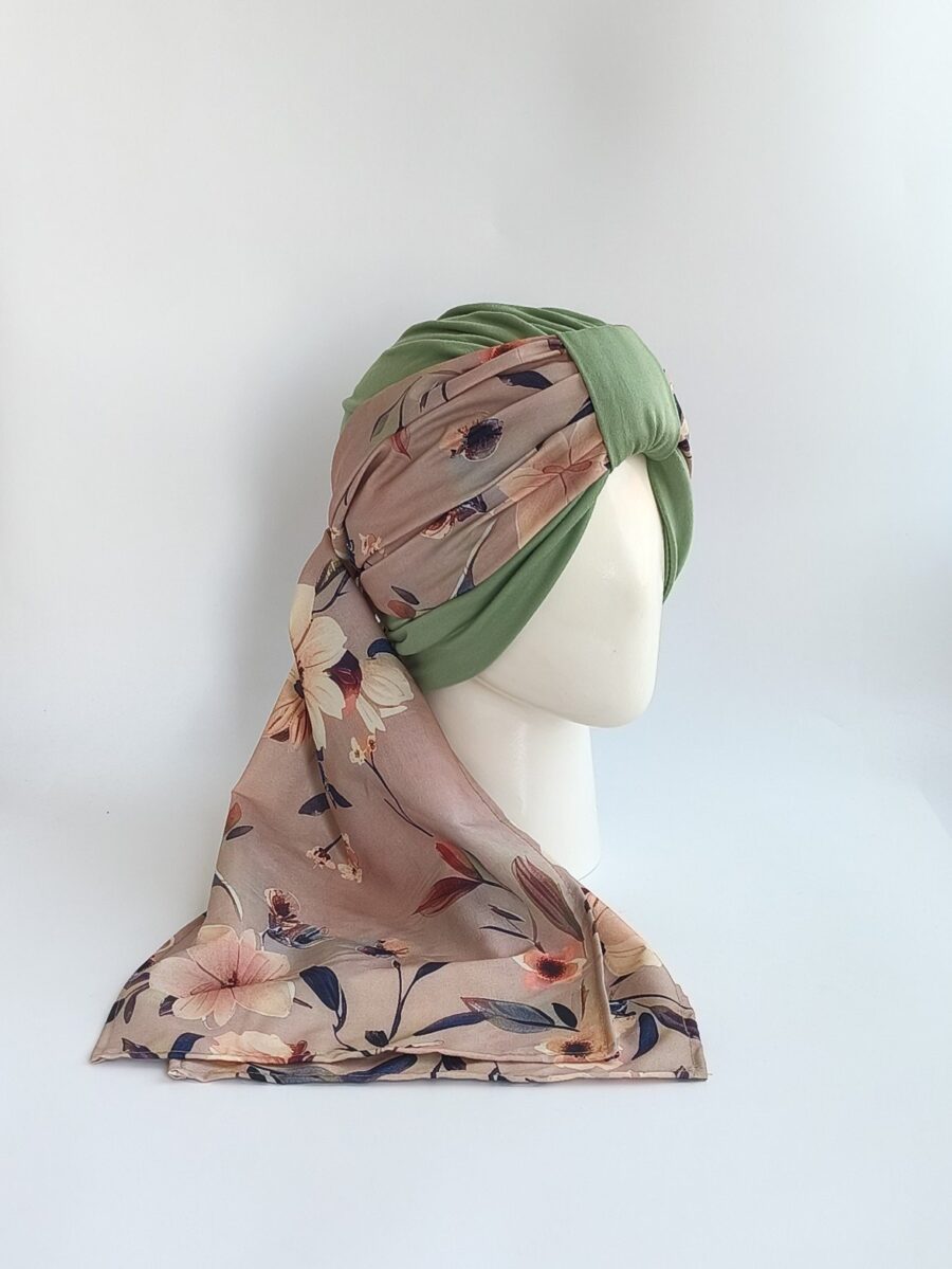 Gorro Turbante con pañoleta - Verde Olivo pañoleta beige floral .