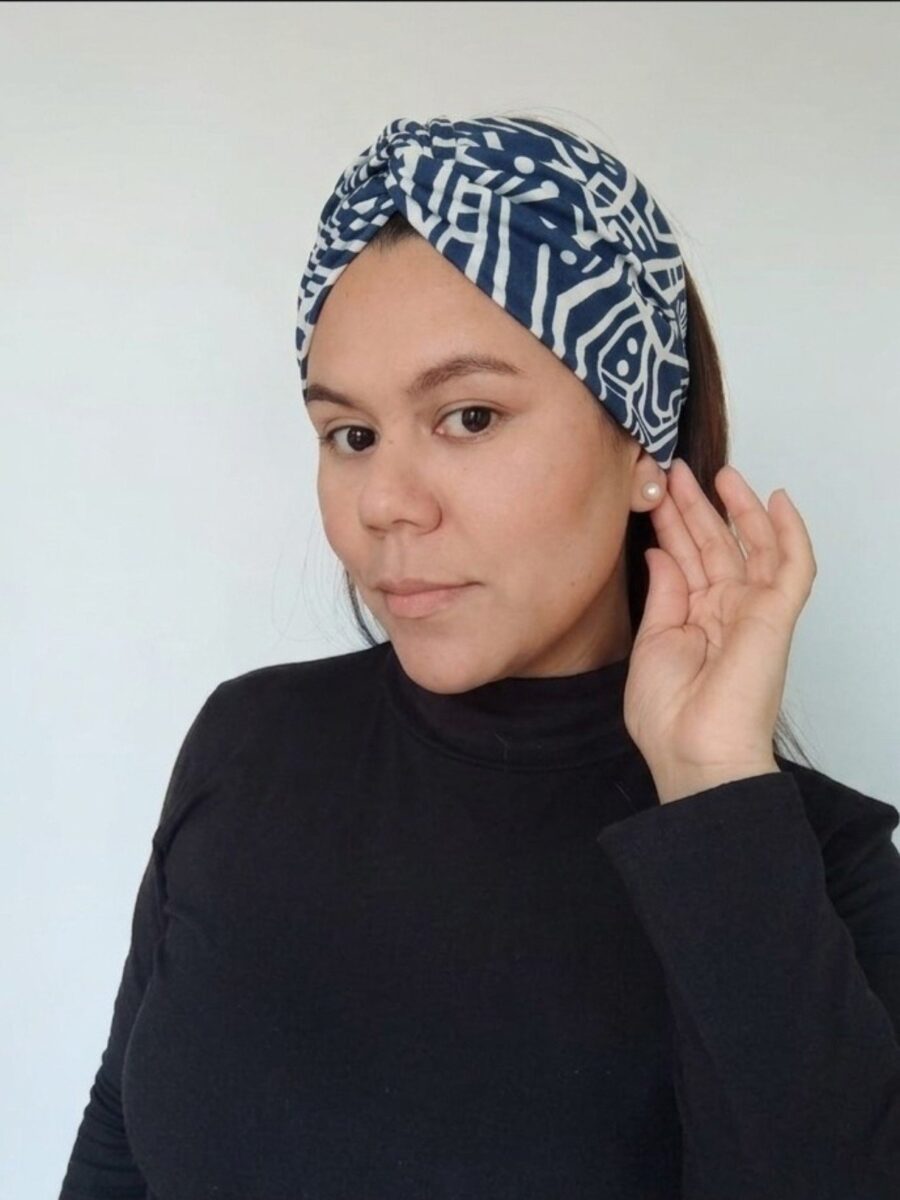 Vincha Cruzada Guadalupe - Lineas incaicas azul italiano .