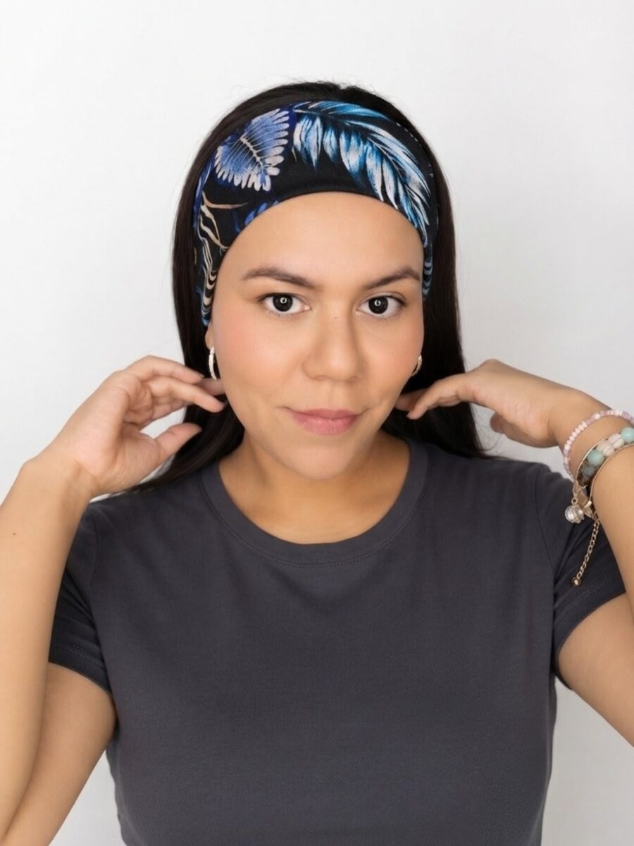 Vinchas estilo Discreto Chantal - floral palmeras azules .