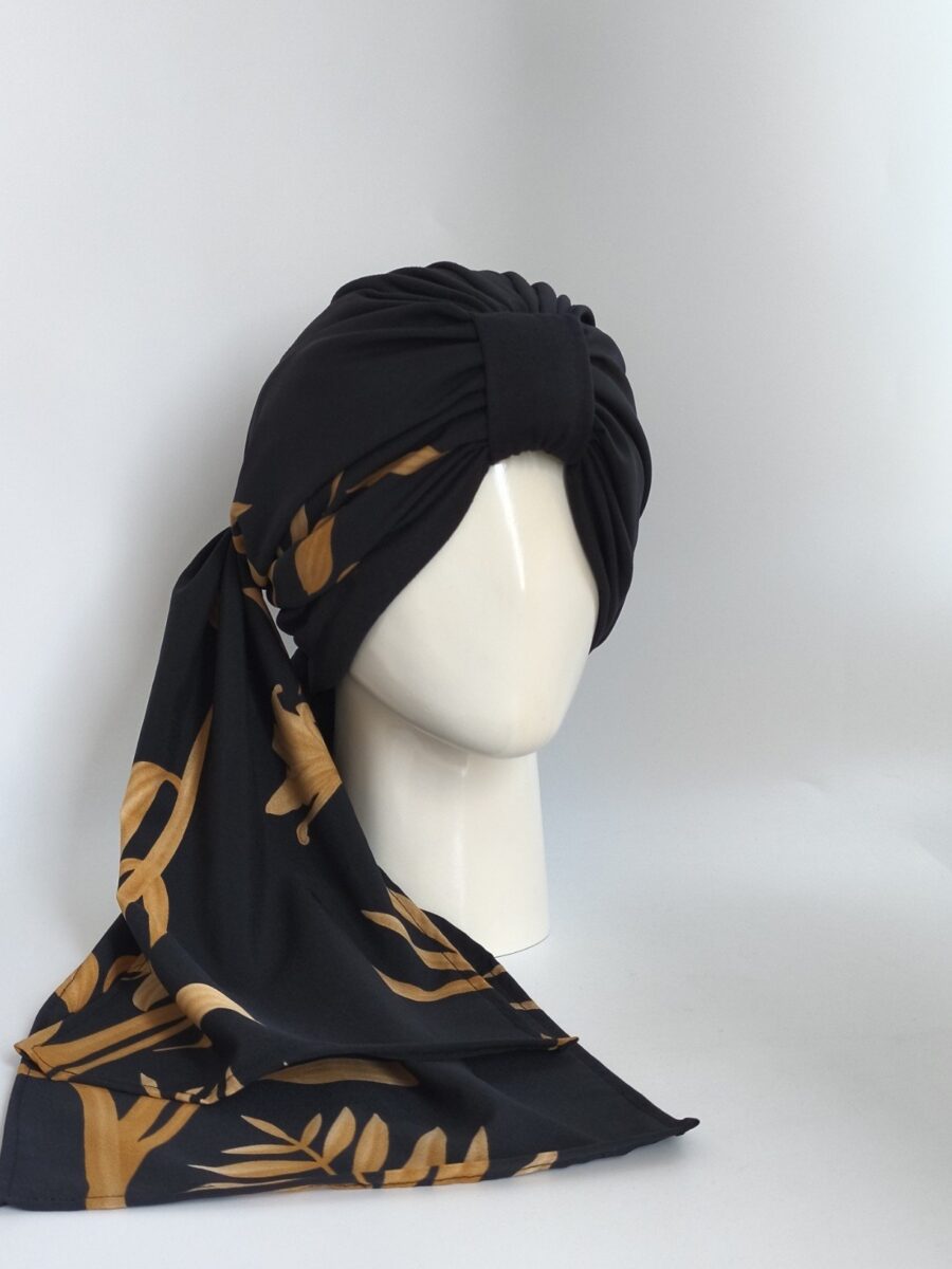 Gorro Turbante con pañoleta - floral Ébano dorado .