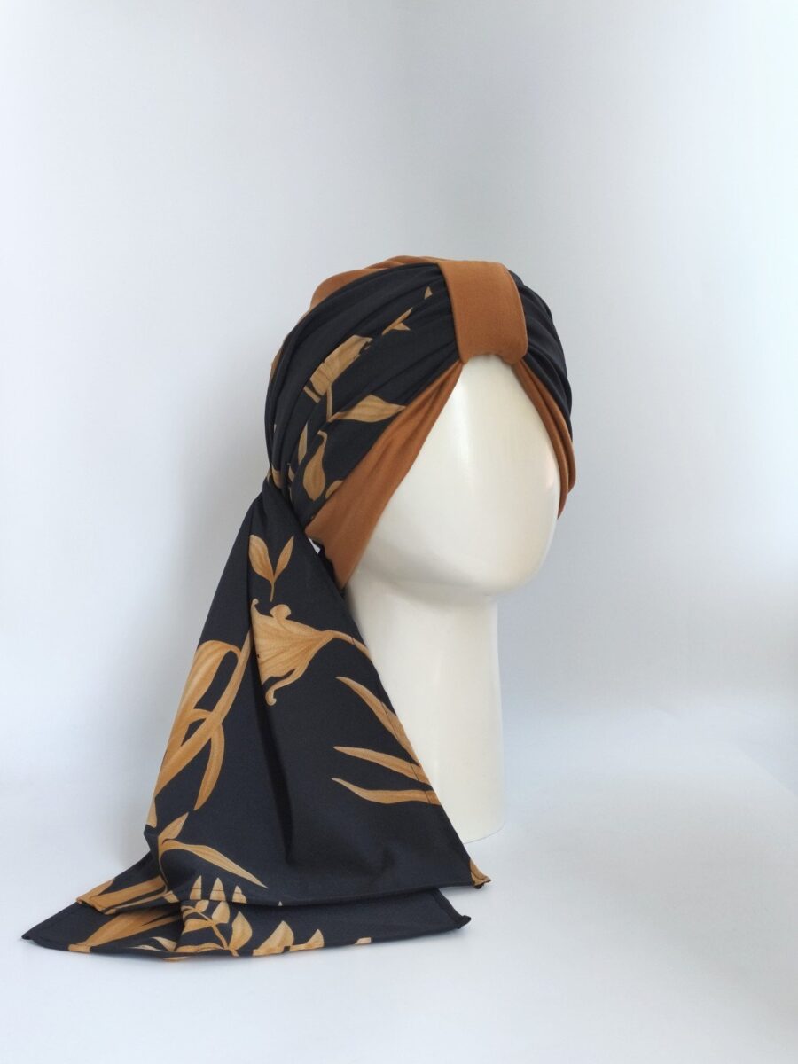 Gorro Turbante con pañoleta - floral Ébano dorado.