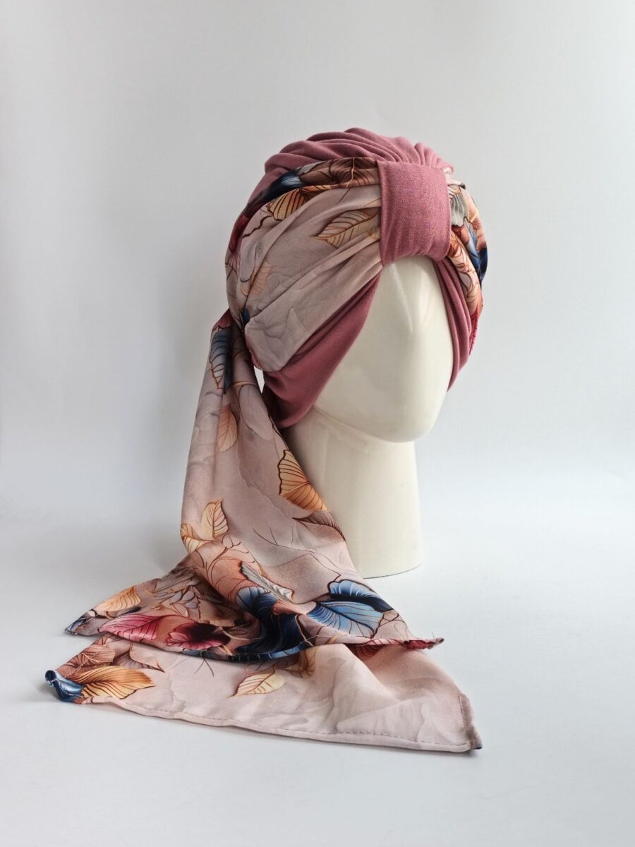 Gorro Turbante con pañoleta - palo rosa fiesta floral.