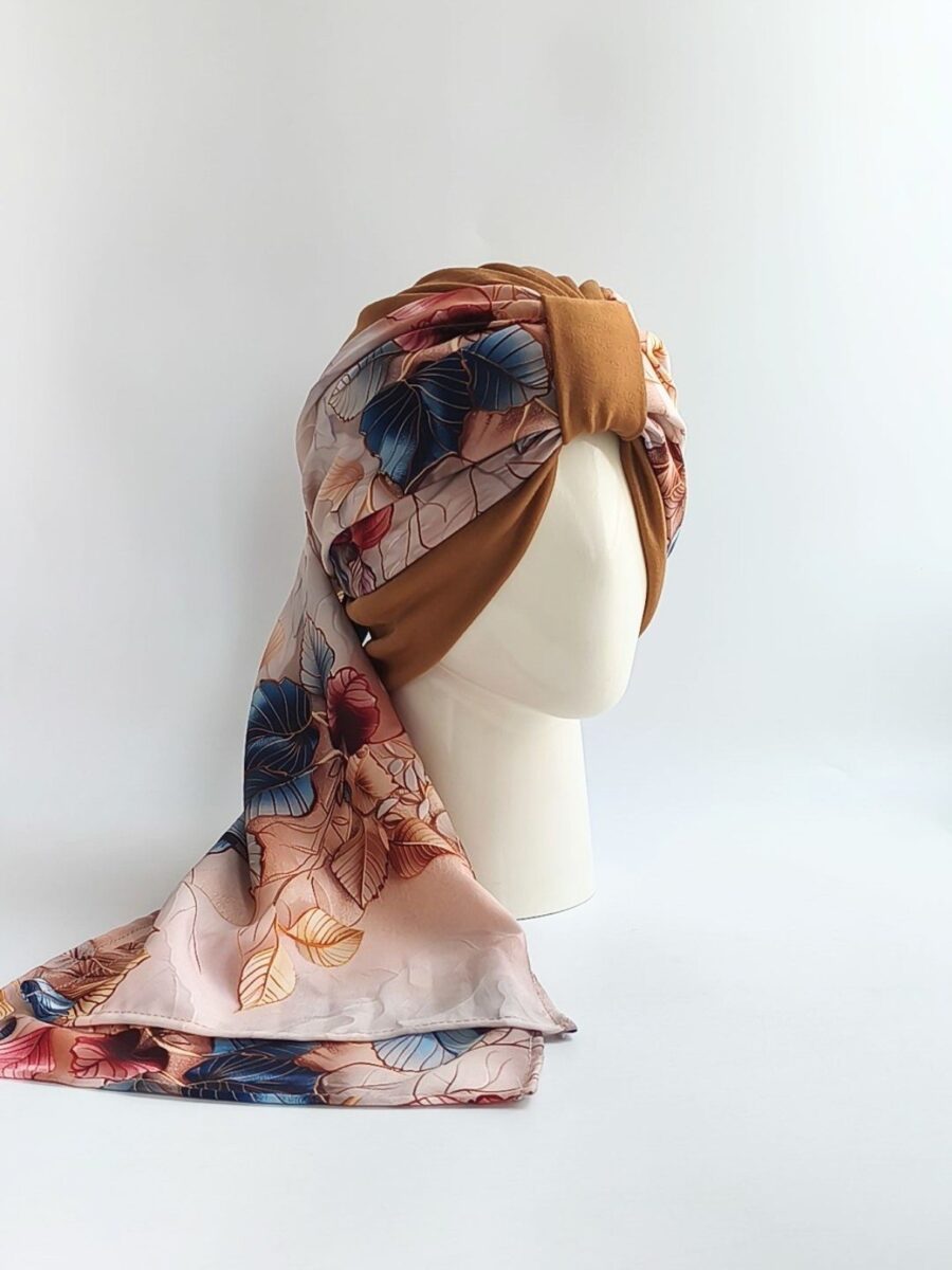 Gorro Turbante con pañoleta - Camell  Fiesta floral .
