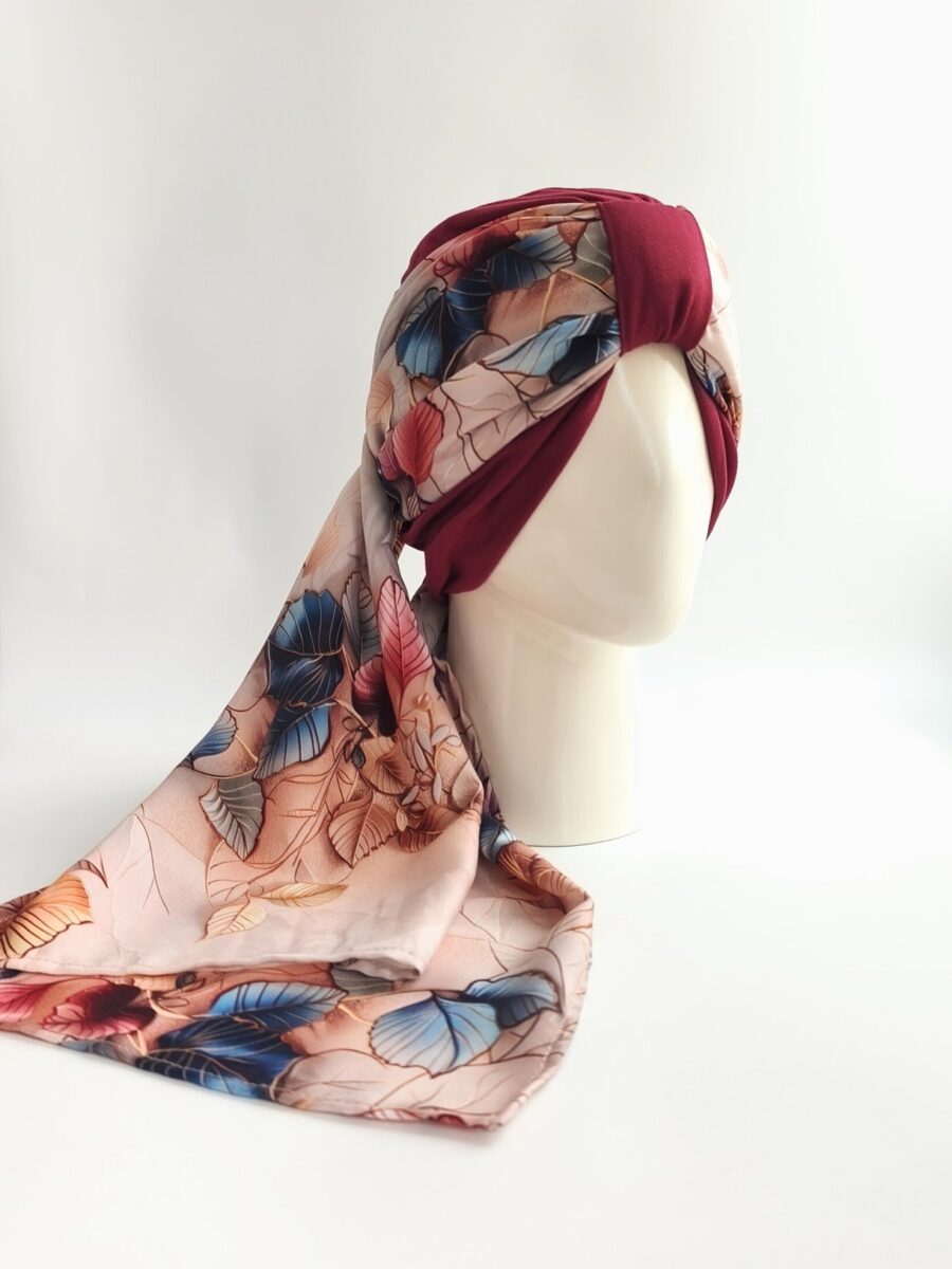 Gorro Turbante con pañoleta - Guinda floral blush garden .