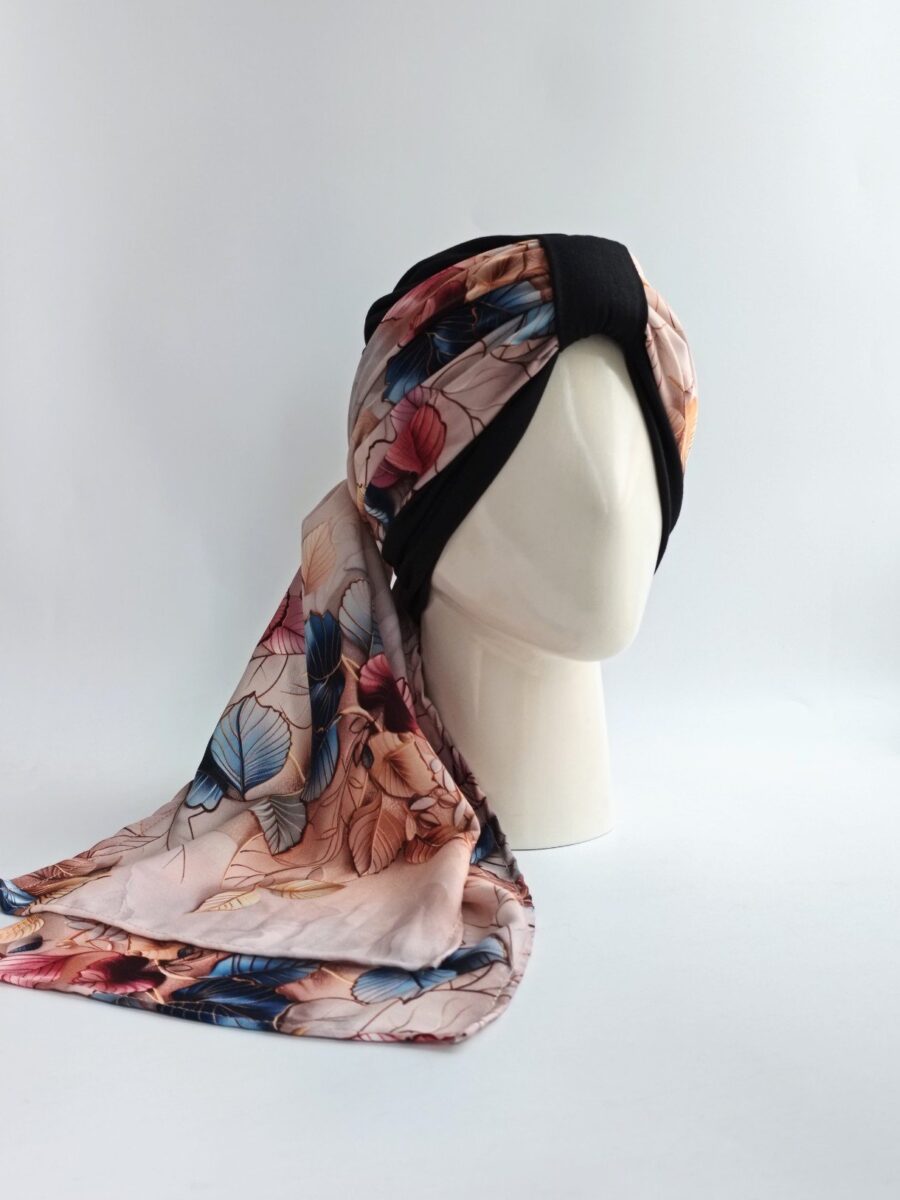 Gorro Turbante con pañoleta - Negro fiesta floral.