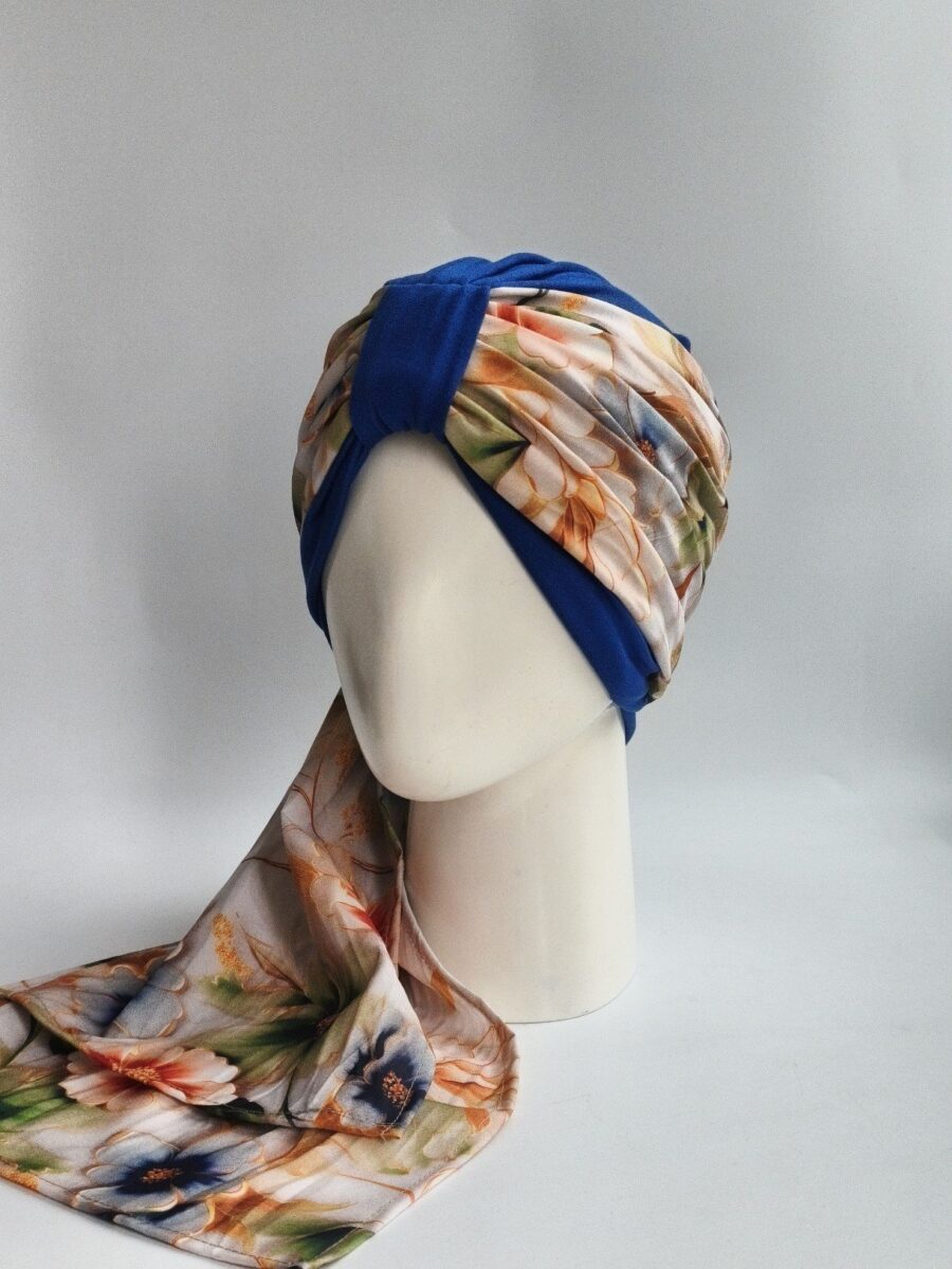 Gorro Turbante con pañoleta - Azulino floral .